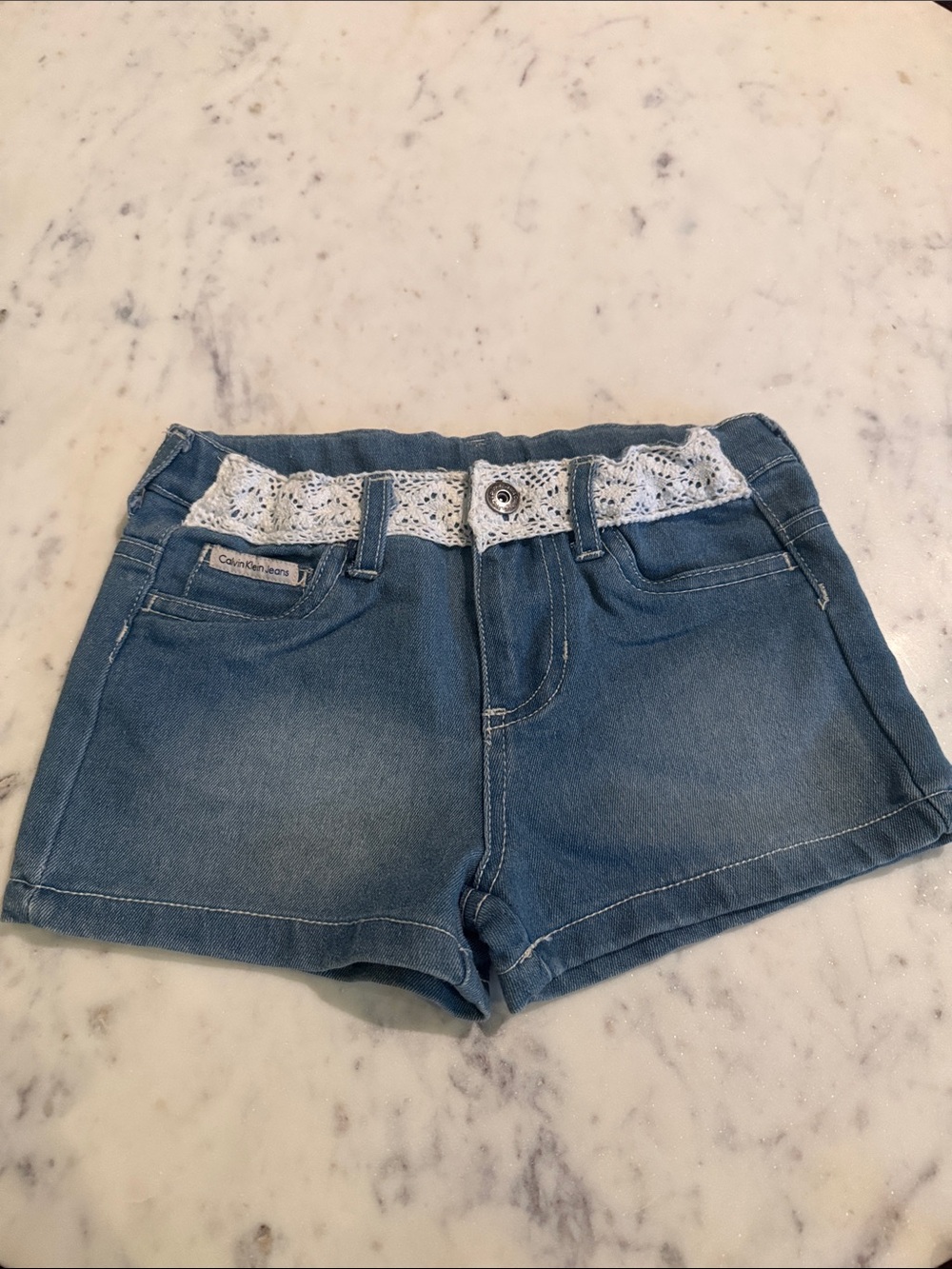 Calvin Klein Light Blue Denim Shorts with White Crochet Trim